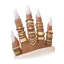 Mrltau Pack of 25 Stackable Rings Gold Set, Statement Ring, Cute Rings Women, Trendy Golden Rings Set, Waterproof Rings Gold Waterproof
