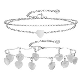 TempBeau Anklet Silver Chain for Women: 2 Pieces Multi-Row Anklet Adjustable Stainless Steel Waterproof Anklet for Women Girls Foot Jewellery Gifts, 27 Zentimeter, Stainless Steel