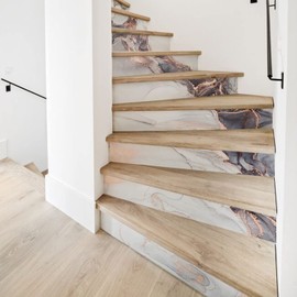 funlife 14Pcs Art Deco Modern Marble Peel and Stick Vinyl Stair Riser Decals Stickers, 39.37"x7.09" Grey Rose Gold Marble