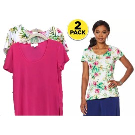 Slinky® Brand 2pk CapSleeve Knit Tops Print and Solid White Floral/Fuchsia Med
