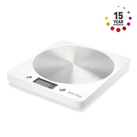 Salter 1036 WHSSDR Disc Electronic Scale - Digital Weighing, Stylish Slim Design, Home/Kitchen Cooking, Spun Stainless Steel Platform, Add & Weigh, Measures Liquids/Fluids, 5 Kg Capacity, White/Chrome