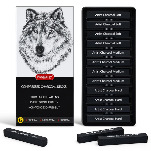 PANDAFLY Compressed Charcoal Sticks, 12 Pieces (Soft, Medium, Hard) Square