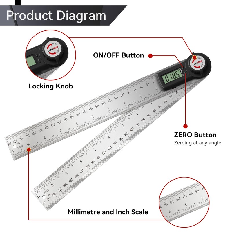 GemRed 82305 Digital Angle Finder Protractor (Stainless steel 300mm)