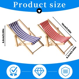 Pack of 2 Mini Deck Chairs, Decorative Small, Miniature Beach Chair, 1:12 Miniature Deck Chair, Foldable, Beach Micro Landscape, Blue/White Fabric Seat, 11 x 5 cm, for Beach Doll, Garden, Micro