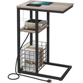 Vagusicc C Shaped End Table with Charging Station, Side Table for Couch, Small Side End Table for Small Spaces, 28" High Slide Under Sofa Table for Coffee, Tv Tray Table for Living Room, Greige