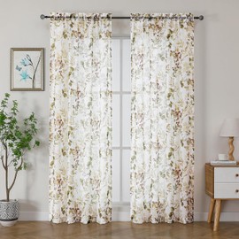 OWENIE Cortinas Transparentes Arrugadas, 84 Pulgadas de Largo, Juego de 2 Paneles, Cortinas con Estampado Floral para Sala de Estar, Bolsillo para Varilla, Cortinas de Ventana Estilo Granja Filtrantes
