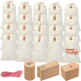 Clysee 20 Pcs 26.77 x 18.9 inch Large Christmas Drawstring Gift Bags with 50 Tags, Santa Reusable Xmas Drawstring Bag for Xmas Party Favor Holiday Presents