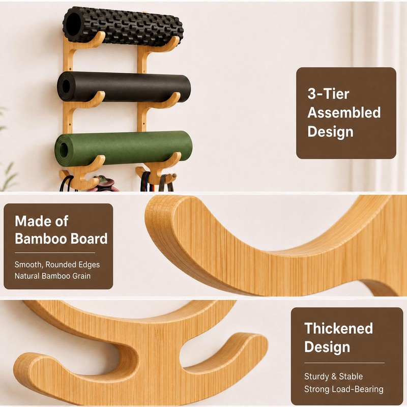 3-Tier Bamboo Yoga Mat Holder Wall Mount, Yoga Mat Storage