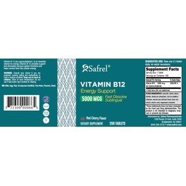Safrel Vitamin B12 Sublingual Tablets, 5000 MCG, Red Cherry Flavor, Energy Support, 200 Count