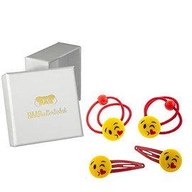 HAARallerliebst Hair Accessories Set (4 Pieces | Kissing Emojis | Red Yellow) for Girls with Storage Box (Box Colour: White)