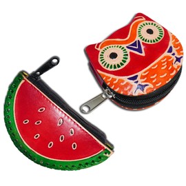 Leather Coin Pouch Mini Purse Wallet Bag with Zipper Multipurpose Christmas Gift for Women Girls (Watermelon & Red Owl)