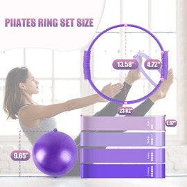 JHMFDDSB Pilates Ring Set, Pilates Essentials Kit with Pilates Ring and Ball, 4 Resistance Bands, Portable Bag & Training Poster, at Home Pilates Starter Workouts Equipment Kit for Women - Purple