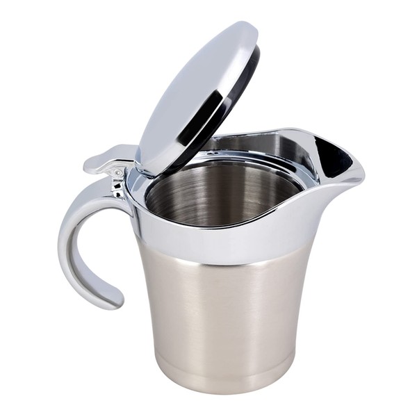 Insulated Sauce Pot, 304 Stainless Steel, Double Insulated Gravy Boat with Hinged Lid, Thermal Gravy Boat, Double Wall Serving Sauce Jug for Gravy, Ketchup, Salad Dressing, Milk (Small 450 ml)