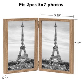 JCJMY 5x7 Double Picture Frame Hinged Folding Vertical Stand on Tabletop, Wood Two Openings 5x7 Double Photo Frame Collage with Shatter Resistant Plexiglass, Brown Wood Gain