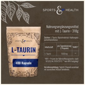 L Taurine Capsules High Dose (with 1500 mg per Daily Dose - 6 Months Supply Amino Acid) - 400 Pure Capsules without Additives - Taurine Powder in Capsule Form - Taurine