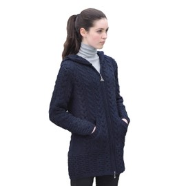 Aran Crafts Women's Irish Cable Knitted Wool Hooded Zip Coat (HD4025-SM-NAVY)