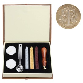 Sealing Wax Set, Classic Old-Fashioned Antique Wax Stamp Seal Kit Initial Letters Alphabet Set Gift Box with Vintage Wooden Handle and Brass Colour Head, Seal Stamp Wax Set, Gift Box (T)