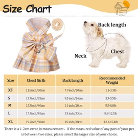 Potchen 4 Pcs Cute Plaid Dog Dress Set with Bow Tie Harness & Leash for Small Dogs, Puppy Clothes for Girls Summer Outfits(L,Light Color)