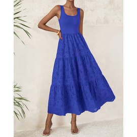 BTFBM Women Summer Eyelet Midi Dresses Casual Spring 2025 Sleeveless A Line Flowy Vacation Beach Wedding Guest Sun Dress(Brilliant Blue, Small)