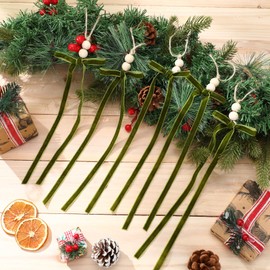 Arrowbash 24 Pcs Olive Green Velvet Bow with Wooden Beads Large Christmas Velvet Bow with Bead Ornaments Hanging Decor Vintage Xmas Ornaments for Trees Wreaths, Gifts Home Garland Decor