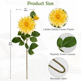 3Pcs Yellow Artificial Dahlia Flowers Fake Flower Silk Flowers with Long Stem 29.5" Floral Arrangements Bouquets Faux Dahlias Flowers for DIY Wedding Party Centerpieces Decor Home Office Decoration