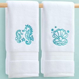 White Hand Towel for Bathroom, 2PC Large 16"x30" - 100% Cotton | Quick Dry | 500GSM | Soft | Absorb, Embroidered Hand Towels, Beach Towel with Aqua Blue Pattern, Coastal Theme Seahorse + Shell + Pearl