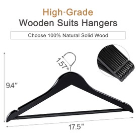 TOPIA HANGER Wooden Coat Hangers 30 Pack, Black Wood Suit Hangers with Non Slip Pants Bar, 360° Swivel Hook and Shoulder Notches for Camisole, Jacket, Pants, Smooth Finish Clothes Hangers -CT34B30