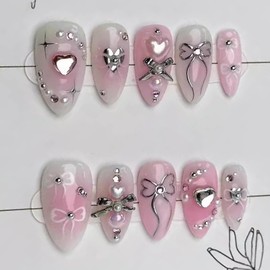 24Pcs Almond Handmade Press on Nails Pink Fake Nails with Charms Medium-length Rhinestones Designs Heart Nails Press ons Cute Stick-on Nails False Nails Bow Decoration Uñas Postizas for Women