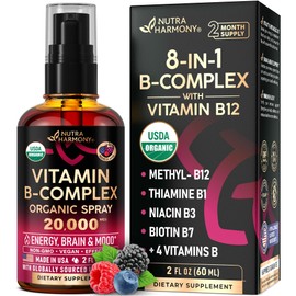 USDA Organic Vitamin B-Complex Liquid Spray 8-in-1 - B5 Pantothenic Acid | B12 Methylcobalamin | B1 Thiamine | B6 Pyridoxine | B7 Biotin | B9 Folic | B3 Niacinamide - Made in USA Supplement, 2fl oz