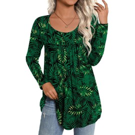 CATHY Womens Long Sleeve Casual Tunic Tops Fall Fashion 2025 Loose Fit Dressy to Wear with Leggings Winter Elastic Shirts, XL, Big Green Leaf
