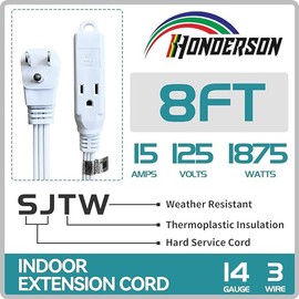 HONDERONS 8FT 3 Outlets White Flat Plug Extension Cord, 14/3 SPT-3 Extension Cable 3 Prong Grounded, Durable Power Cable for Home, Office