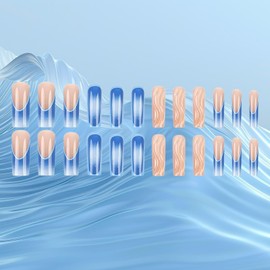 French Tip Press on Nails Medium Square Fake Nails with Wavy Stripes Designs 3D Handmade Nails Glossy Blue Gradient False Nails Reusable Full Cover Glue on Nails for Women 24Pcs