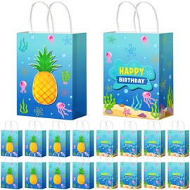 Denwiller 16 Pcs Ocean Pineapple Birthday Paper Gift Bags Party Decorations, Blue Ocean Jellyfish Seaweed Candy Goodie Bags with Handles for Baby Shower Summer Birthday Party Supplies