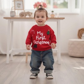 Baby Girls Christmas Knit Sweater Long Sleeve O Neck Letter Present Box Tree Candy Cane Embroidery Pullover Knitwear (A-Red, 9-12 Months)