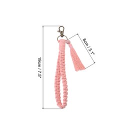 [PATIKIL] タッセル付き マクラメキーチェーン 手作り リストレットブレスレットキーチェーンキーリングホルダーキーリストランヤード 女性や女 子向け ピンク