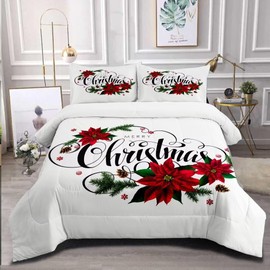 GRAT TIOC Christmas Comforter Twin,Xmas Bedding Set Set,Red Poinsettia Flowers Comforter Merry Christmas Bed Bedroom Set Home Decor for Kids Girls Women White
