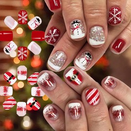 BABALAL 48Pcs Christmas Press on Nails Short Square Winter Snowflake Fake Nails Red Full Cover with Glue Snowman Snowflake Glitter Glue on Acrylic False Nails