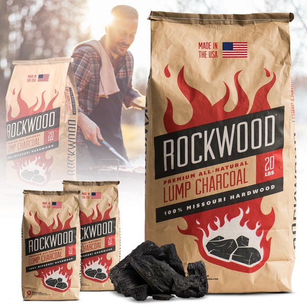 Rockwood All Natural Hardwood Lump Charcoal 20 Lbs - 100% Made in USA Lump Charcoal for Grills and BBQ - Missouri Oak, Hickory, and Maple Wood Mix Smoker Charcoal - No Fillers (2 Packs)