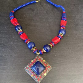 Boho HANDMADE NECKLACE INDIA  ETHNIC TRIBAL BOHO BLUE ANND RED BRASS BEADS