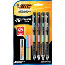 BIC - Lápices mecánicos resistentes a la rotura con borradores, n.º Paquete de 2 lápices de punta media (0,7 mm), 4 unidades para suministros escolares u oficinas, recargas de plomo y borrador