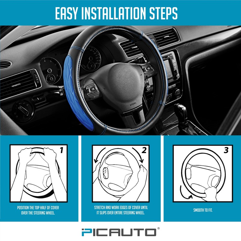 PIC AUTO Steering Wheel Cover, Blue Thick Rhombic Foam and