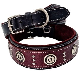 BlazingPaws Florington 2 Inch Wide Luxury Thick Leather Western Dog Collar for Large Dogs, Soft Suede Padded Dog Collar with Conchos and Square Stud Design (L: 15-19", Black/Cherry)