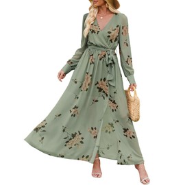 ANRABESS Women’s Long Sleeve Floral Maxi Dress Boho Flowy Wrap Slit V Neck Beach Fall Wedding Guest Party Vacation Dresses Floral Green Large