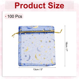 sourcing map Organza Bag 5" x 7", Sheer Moon Star Mesh Bags Drawstring Gift Bags Bulk Party Favor Bag Jewelry Pouches for Wedding Candy Valentines (Bright Blue-Gold, Pack of 100)