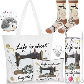 6 Pcs Sewing Gifts for Seamstress Quilter Gifts Stuff Include 20 oz Quilting Tumbler Sewing Tote Bag Cosmetic Bag Socks Keychain Funny Quilting Sewing Gifts for Sewing Lovers Women Christmas Gifts