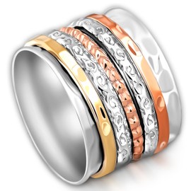 Boho-Magic Spinner Ring for Women 925 Sterling Silver with Copper and Brass Fidget Bands Wide