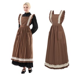 CR ROLECOS Brown Vintage Apron for Women Long Victorian Ruffle Colonial Pioneer Prairie Peasant Apron with Pockets L