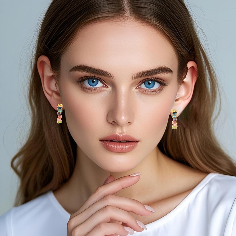 Colorful Crystal Cubic Zirconia Earrings for Women Rainbow Chunky Half