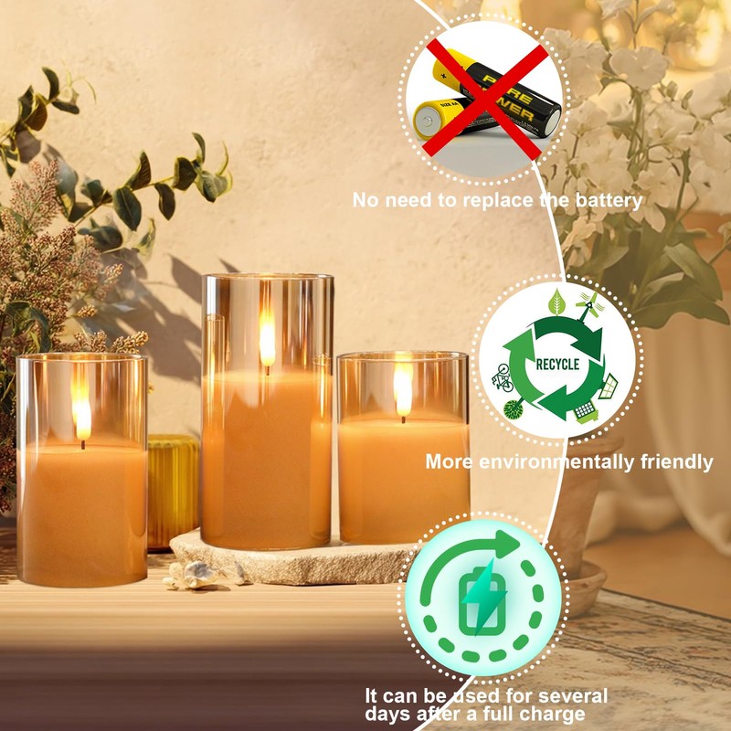 GenSwin Rechargeable LED Flameless Flickering Glass Candles with Remote Timer,