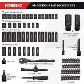 SONIGEKO Socket Set 3/8" Drive Impact Socket Set,95-Piece 6 Point Deep Socket Set Standard SAE and Metric CR-V Steel Sockets with Drive Ratchet Handle (Metric and SAE, 3/8" Socket set,95pcs)